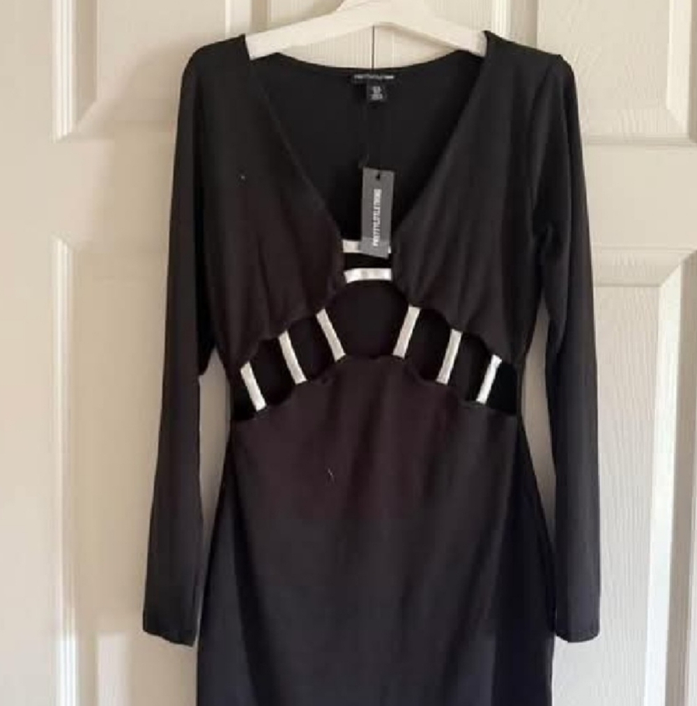PrettyLittleThing Black Long-Sleeve Cutout Bodycon Dress with Silver Accents